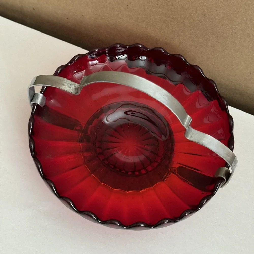 Imperial Glass Red Pillar Flutes Relish Sea Food Bowl‎ w/ Metal Handle Antique